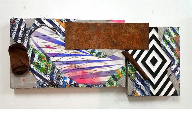 Duhirwe Rushemeza, <i>Chief Bunda Bunda's Long Walk in the Cow Field,</i> 2016. Thin-set mortar and concrete, acrylic, cow dung, and metal detritus on wood; 17 x 40 in. Courtesy the artist. Chief Bunda Bunda's Long Walk in the Cow Field