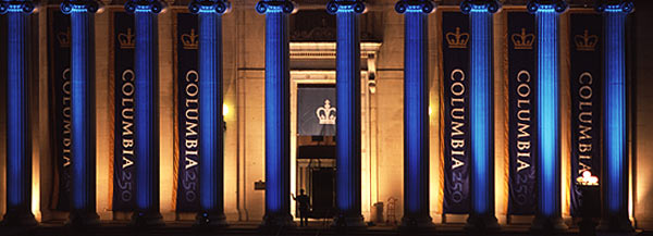 Low Library lit for Columbia 250 celebration.