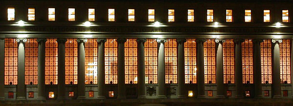 Exterior of Butler Library at night.