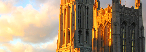 The sun setting on Riverside Church and Union Theological Seminary.