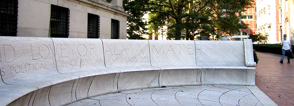 An inscribed bench near Low Memorial Library