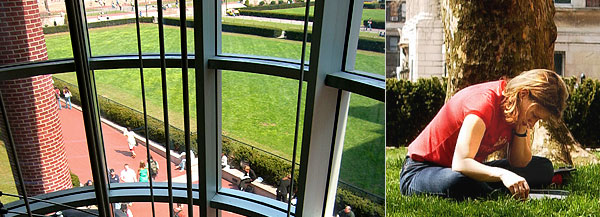 Ferris Booth Commons' spiral stairwell, looking out over the quad.