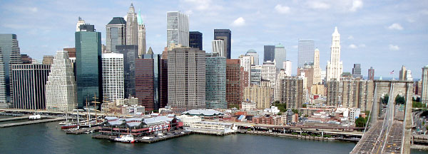 Skyline of Lower Manhattan, as seen from the top of the Brooklyn Bridge.