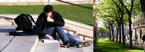 A student sits on Low steps and reads.