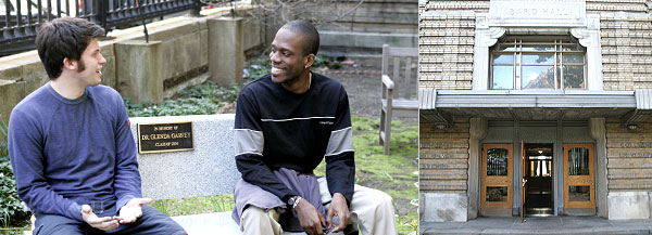 Students on the Glenda Garvey memorial bench in the courtyard of Bard Hall.