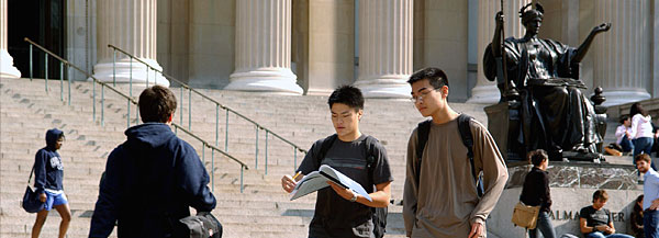 Students near Alma Mater in Low Plaza