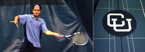 Columbia tennis senior co-captain Rohan Saikia (CC '04) keeps his eye on the ball as he swings his tennis racket.