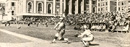 Gehrig playing in game on South Field, 1923. Caption on back of photo reads: "Lou Gehrig while a student at Columbia at bat in a varsity game. Gehrig was a Columbia pitcher who joined the N.Y. Yankees a few weeks after Yankee scouts saw him in a game in 1923."