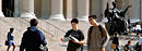 Students near Alma Mater in Low Plaza