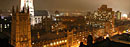 A night view of Union Theological Seminary, Riverside Church, Grant's Tomb, and the Hudson River.